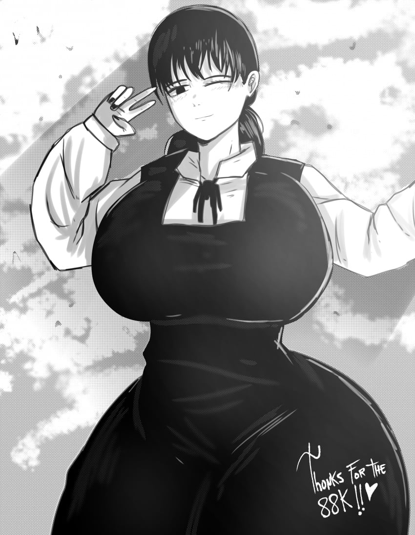 black_and_white black_hair breasts breasts_bigger_than_head chainsaw_man fully_clothed huge_ass huge_breasts huge_thighs looking_at_viewer mitaka_asa monochrome outdoors peace_sign school_uniform simple_background smirk smirking_at_viewer solo teenager theodyss thighs thighs_bigger_than_head twintails voluptuous wink winking_at_viewer