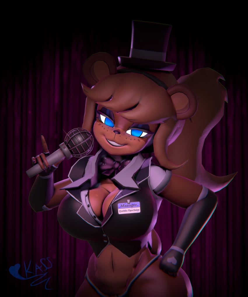 3d absurd_res animatronic anthro areola bear big_breasts blue_eyes bow_tie breasts cleavage clothed clothing electronics female five_nights_at_freddy's freddy_(fnaf) fredina's_nightclub fredina_(cally3d) frenni_fazclaire hand_on_hip hat headgear headwear hi_res holding_microphone holding_object kassadiro machine mammal microphone mostly_nude nipples no_bra revealing_clothes robot scottgames sideass thick_thighs tongue tongue_out top_hat