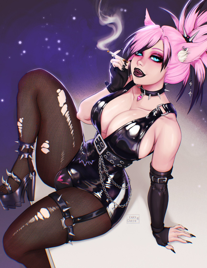 1futa big_breasts black_highlights black_lipstick blue_eyes bulge cat_ears catgirl cigarette cleavage collar eyeshadow final_fantasy final_fantasy_xiv futa_only futanari goth goth_futa heels hi_res latex latex_clothing looking_at_viewer miqo&#039;te my_kinky_queen pantyhose pink_eyeshadow pink_hair sharp_fingernails shiny_clothes sitting smiling smiling_at_viewer solo spiked_collar thick_thighs tied_hair torn_pantyhose zephyr_winds