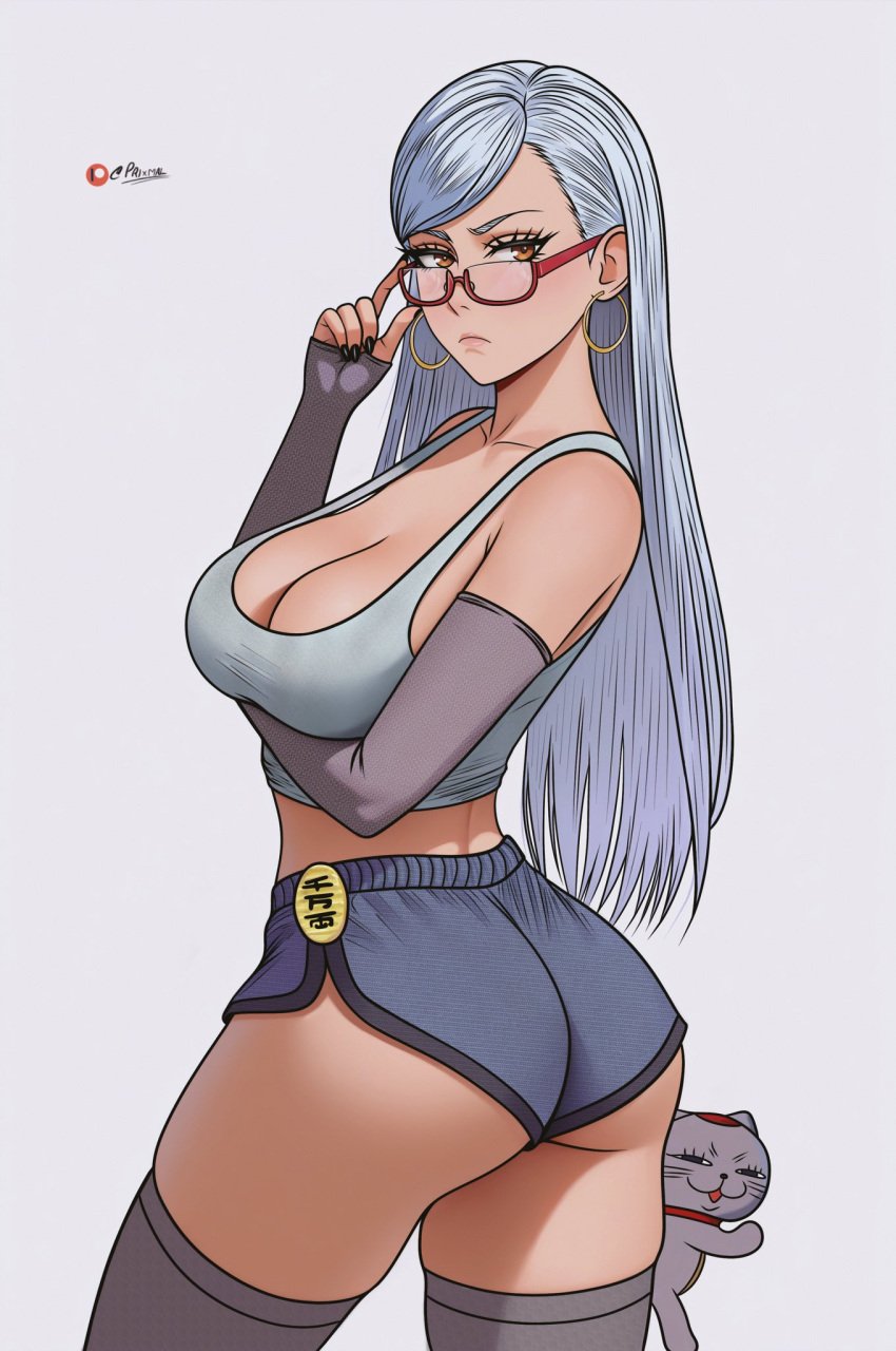 1girls 2024 2d 2d_(artwork) anime anime_character anime_style armwear ass ass_focus ayase_seiko big_ass dandadan digital_media_(artwork) earrings female female_focus female_only from_behind glasses grandmother granny hair_ornament hourglass_figure large_ass legs_out_of_frame legwear light-skinned_female long_hair looking_at_viewer looking_back looking_back_at_viewer mature_female mature_woman milf older_female prixmal pubic_hair short_pants simple_background turbo_granny_(dandadan) very_long_hair white_background white_hair