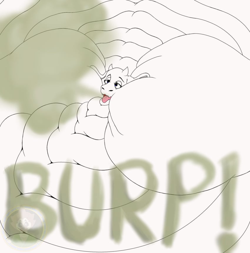 anthro back_rolls big_cheeks blobby boss_monster_(undertale) bovid burp_cloud burping caprine chubby_cheeks exclamation_point fat_rolls female goat hi_res horn huge_cheeks hyper_cheeks long_ears mammal morbidly_obese neck_rolls obese obese_female onomatopoeia open_mouth overweight overweight_female solo sound_effects text tongue tongue_out toriel undertale_(series) watermark yakellnsfw