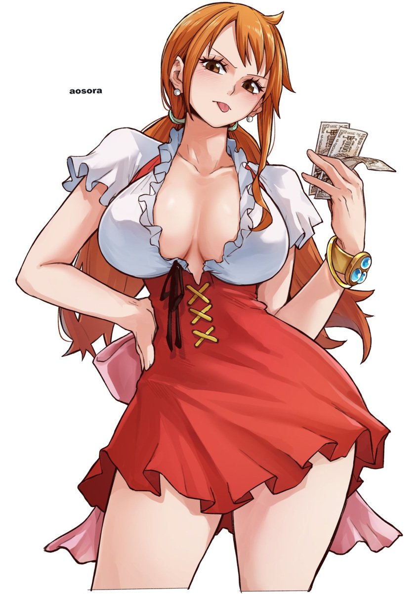 1girls aosora bare_arms bare_legs bare_thighs big_breasts clothed clothing color female female_focus female_only hi_res inner_sideboob large_breasts light-skinned_female light_skin long_hair looking_at_viewer looking_down_at_viewer low-angle_view money nami nami_(one_piece) one_piece orange_eyes orange_hair post-timeskip shounen_jump solo solo_female tagme thick_thighs whole_cake_island