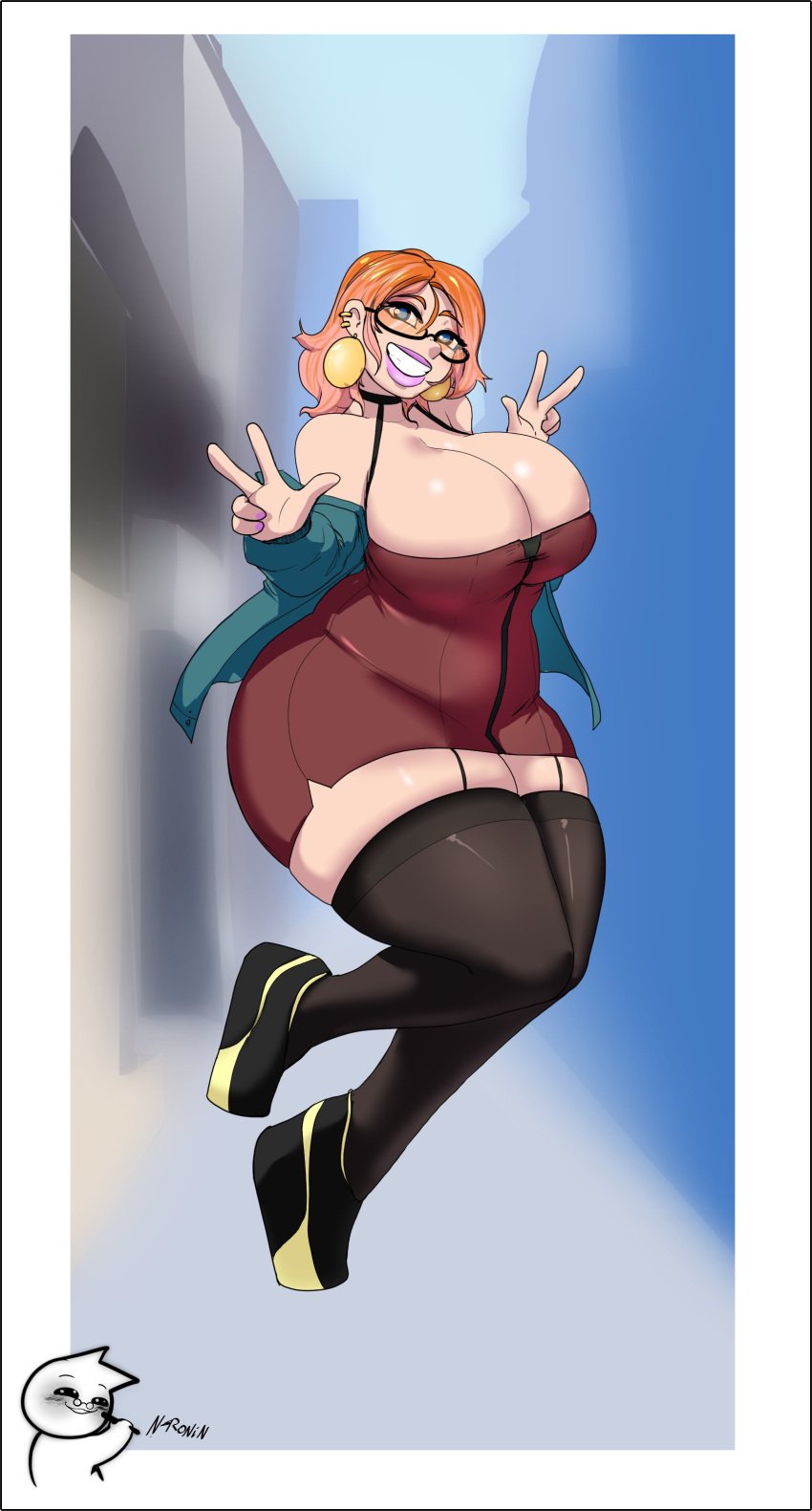 1girls alternate_version_available big_breasts breasts cleavage double_v dress earrings glasses light-skinned_female light_skin looking_at_viewer mature_female n-ronin original original_character thick_thighs voluptuous voluptuous_female wide_hips