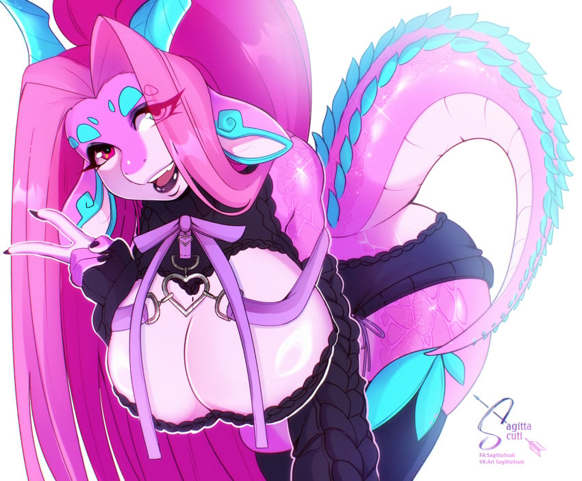 anthro big_ass big_ass_(female) big_ass_(futa) big_breasts big_butt big_ears blue_eyes bow dragon dragon_girl female fur furry futa_only futanari gynomorph gynomorph/female heart heart_symbol heterochromia horns horns_blue jewelry peace_sign pink_body pink_eyes pink_hair ponytail sagitta(sagittascuti) sagittascuti solo solo_female solo_futa sweater sweater_dress tail virgin_killer_sweater