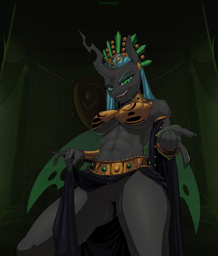 abs absurd_res anthro arthropod bottomwear bottomwear_aside bra bracelet breasts changeling choker clothing clothing_aside crown ear_piercing eyebrows fangs female friendship_is_magic genitals gesture green_eyebrows green_eyes green_hair hair hand_gesture hasbro headgear hi_res horn insect_wings jewelry kirasunnight loincloth loincloth_aside muscular muscular_anthro muscular_female my_little_pony necklace panties piercing pointing pussy queen_chrysalis_(mlp) solo teeth under_boob underwear wings