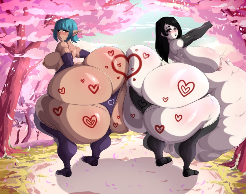 ass_press big_breasts black_hair blue_hair bonnie_(red_brachy) elf_ears huge_ass large_belly large_breasts okioppai pale_skin red_eyes sachi_(red_brachy) tanned_skin valentine's_day