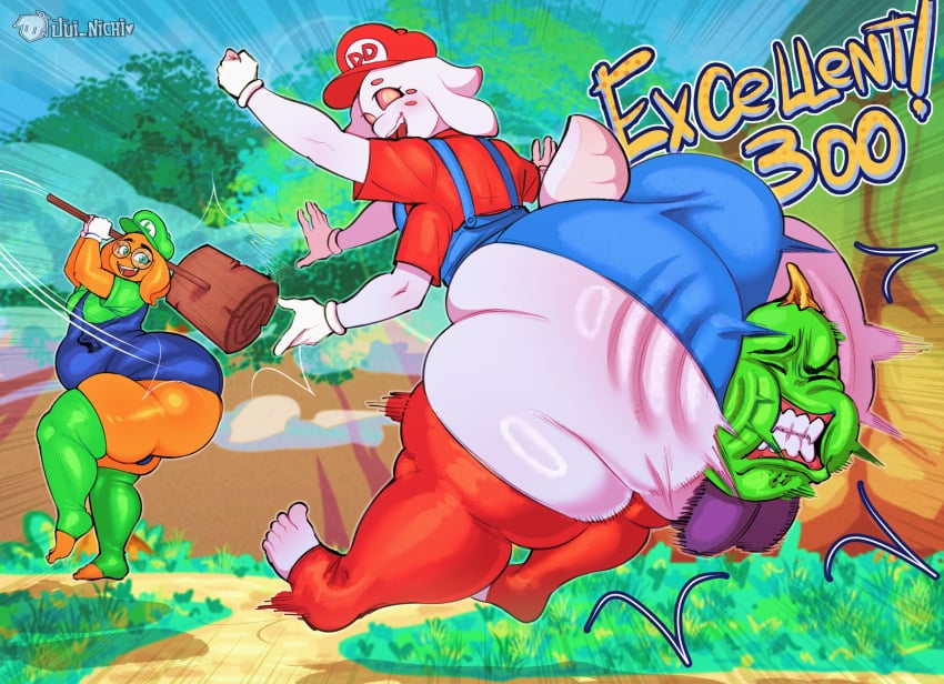 2boys 2femboys alien big_ass big_ass_(male) big_butt femboy hammer huge_ass huge_butt jui_nichi leon_(colaperv) luigi_(cosplay) male male_only mario_(cosplay) puwa thigh_high_stockings thighhighs