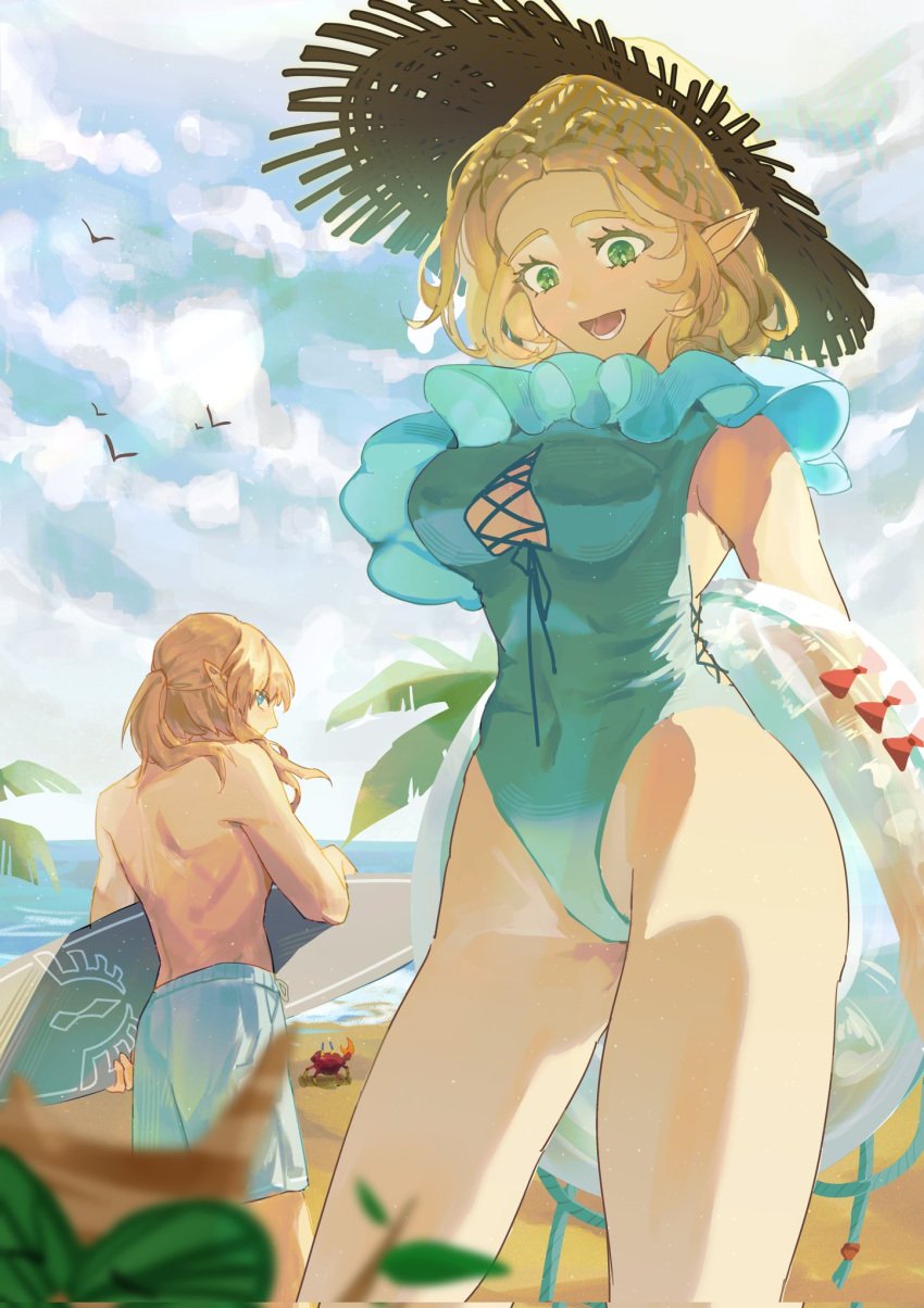 beach blonde_hair blue_swimsuit elf_ears frost_mourne_ green_eyes hips link_(tears_of_the_kingdom) princess_zelda short_hair swimsuit tears_of_the_kingdom the_legend_of_zelda thighs