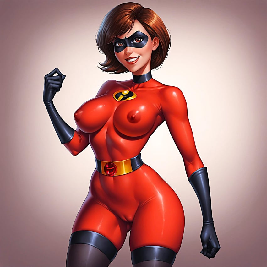 ai_generated big_breasts cameltoe erect_nipples_under_clothes gloves helen_parr latex_bodysuit latex_stockings mask pussy the_incredibles