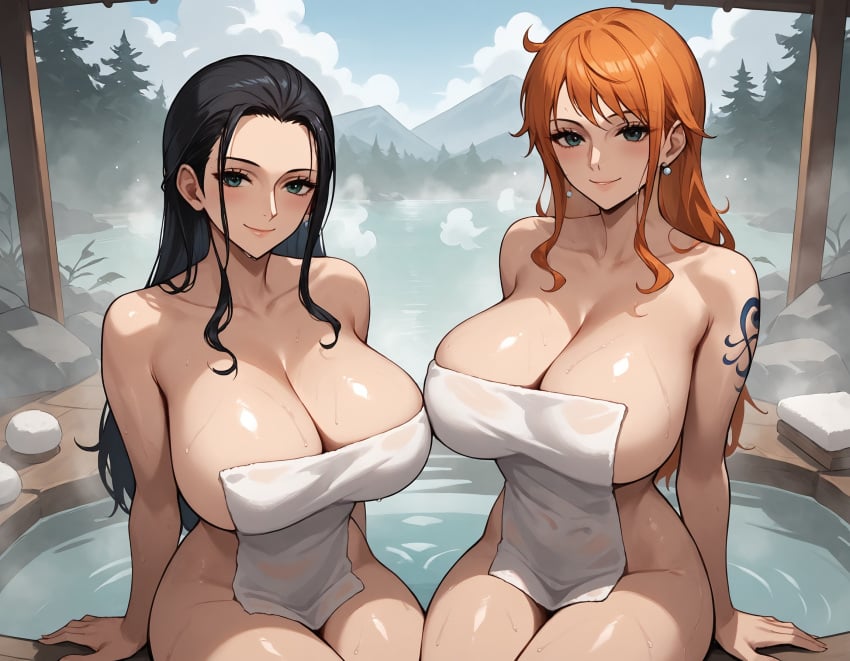 2girls ai_generated breasts cleavage female female_only flyingpancake large_breasts long_hair naked_towel nami_(one_piece) nico_robin one_piece onsen sitting tattoo towel water