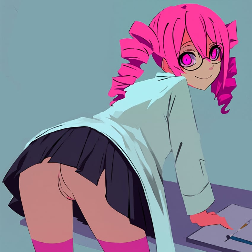 1girls against_desk ai_generated ass bent_over black_skirt desk drill_hair from_behind ghost_and_pals glasses glowing_eyes highres kasane_teto lab_coat lineless looking_back mv_character osmondai pathological_facade pink_eyes pink_hair pink_socks pleated_skirt pussy short_hair simple_background skirt smile socks solo stable_diffusion synthesizer_v thighs twintails upskirt vocaloid white_coat