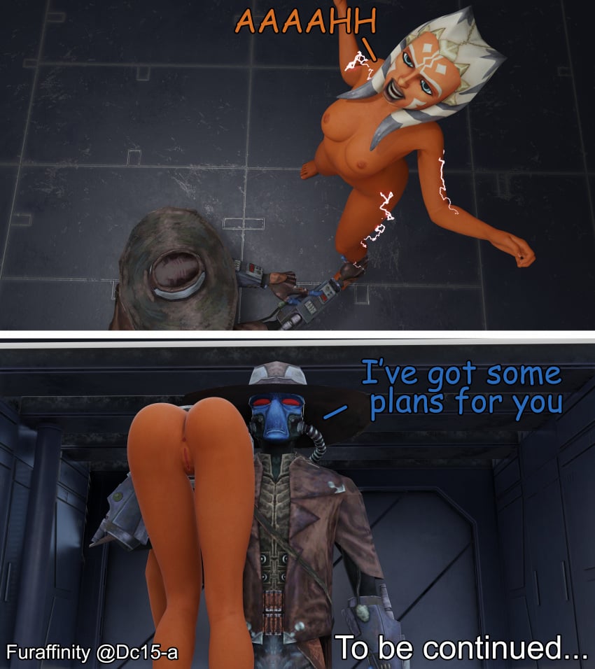 3d_(artwork) ahsoka_tano alien alien_girl bent_over blue_skin bounty_hunter breasts cad_bane captured captured_heroine carrying carrying_over_shoulder clone_wars comic dc15-a electric_shock electricity electrocution electroshock_weapon electrostimulation female jedi_padawan kidnapped kidnapping naked orange_skin over_shoulder pussy shocked shocked_expression star_wars text the_clone_wars:_season_two togruta