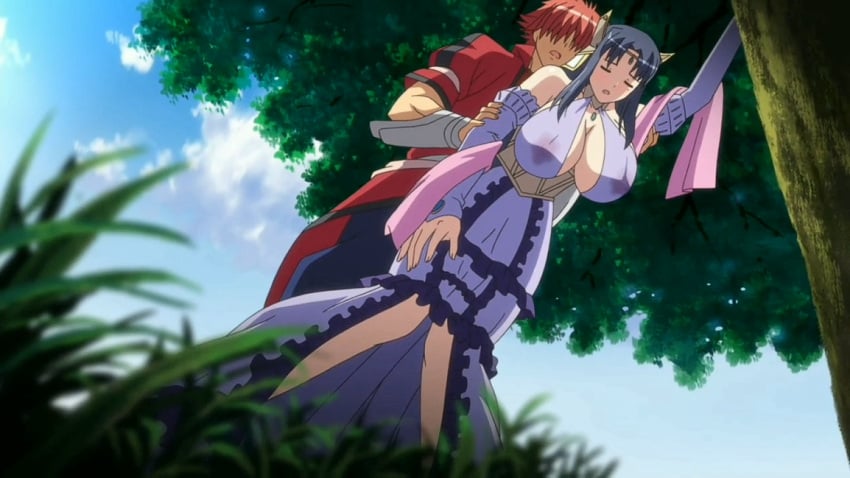 1boy 1boy1girl 1girls breasts cleavage closed_eyes clothed_female clothed_male clothed_male_clothed_female dark_blue_hair gigantic_breasts grass housewife huge_breasts hyper_breasts knight kyonyuu_fantasy long_hair majin_(company) majin_label male/female nipples nipples_visible_through_clothing open_mouth red_hair rokusaanu_do_dejiiru ryuuto_henge screencap short_hair tree waffle