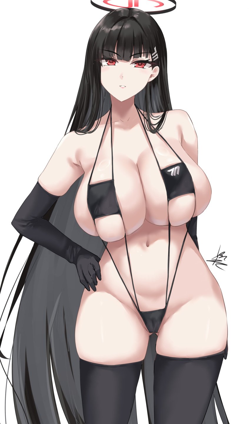 1girls bare_shoulders big_breasts bikini black_gloves black_hair blue_archive busty cleavage elbow_gloves eyepatch_bikini female female_only hairclip halo hand_on_hip hourglass_figure huge_breasts ibara_azuki_(azk_ibr2nd) large_breasts light-skinned_female long_hair looking_at_viewer navel pale-skinned_female red_eyes rio_(blue_archive) simple_background slim_waist solo swimsuit thick_thighs thighhighs thighs very_long_hair white_background wide_hips