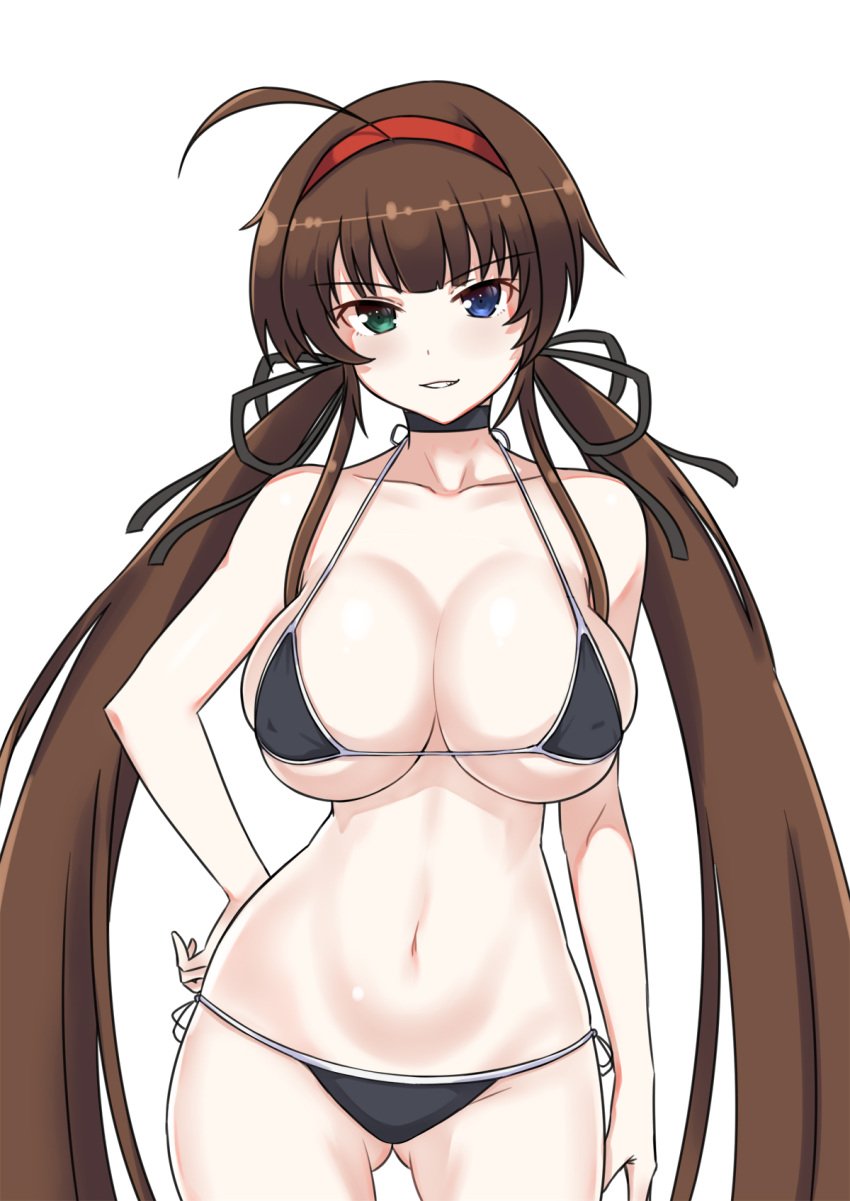 1girls 2024 ahoge bangs big_breasts bikini blue_eyes breasts brown_hair collarbone erect_nipples_under_clothes female female_only green_eyes hair_ribbon hairband hand_on_hip heterochromia large_breasts long_hair looking_at_viewer marvelous nipple_bulge red_hairband ryoubi_(senran_kagura) senran_kagura side-tie_bikini simple_background smile solo swimsuit tied_hair twintails very_long_hair white_background zatsu