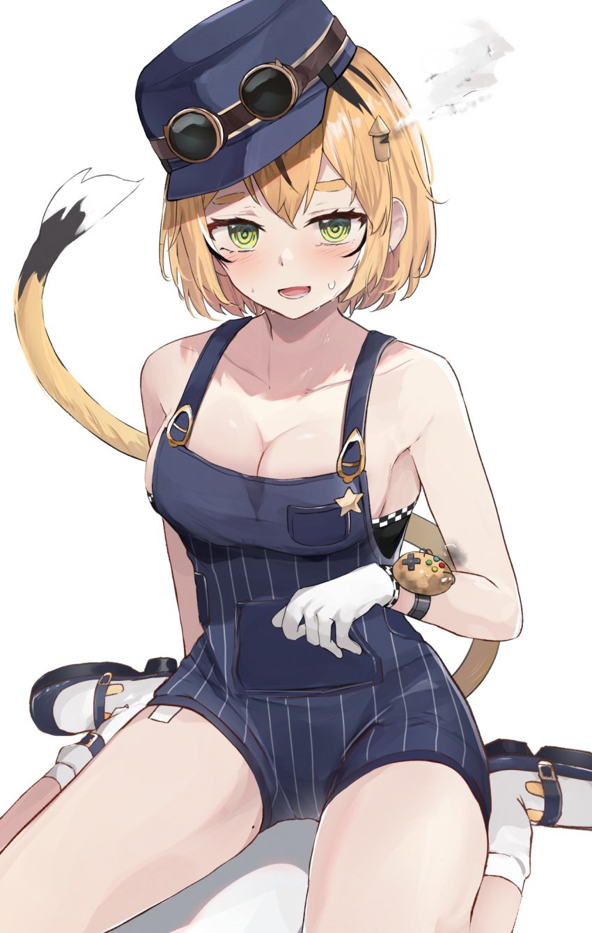 blonde_hair cleavage conductor_hat conductor_uniform dooby3d gloves goggles green_eyes indie_virtual_youtuber jerboa jerboa_humanoid looking_at_viewer open_mouth plain_background shoes shuuzo sideboob sitting socks steam sweaty_body tail virtual_youtuber white_background