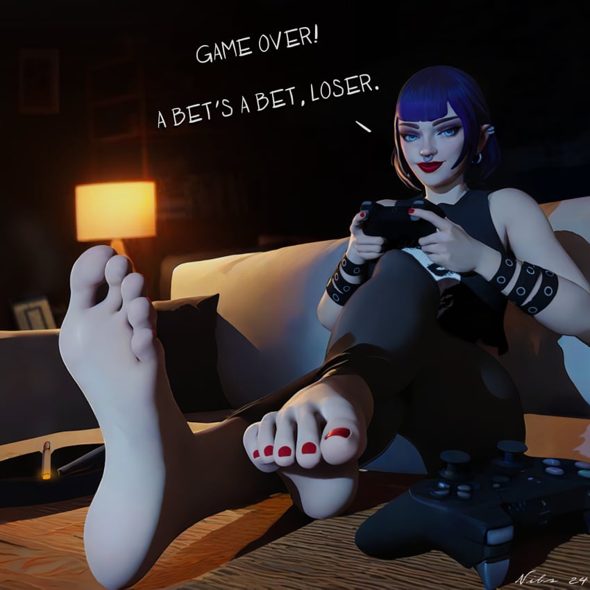 2024 3d 3d_model armband armbands ashtray band_shirt blender blue_eyes blue_hair cigarette couch curled_toes curling_toes dialogue dialogue_bubble ear_piercing earrings english english_text eyebrows eyelashes eyeshadow feet feet_on_table feet_up female foot_fetish foot_focus holding_object lamp legs_up light-skinned_female lipstick looking_at_viewer nibeya_(nibs3d) nibs3d nose_piercing nose_ring oc original original_character painted_nails painted_toenails pale_skin pale_skinned_female playstation playstation_controller presenting_feet punk punk_girl punk_hair red_lips red_lipstick red_nail_polish red_nails red_toenails shelf sitting sitting_down sitting_on_couch skinny_girl smirking smirking_at_viewer soles solo_female solo_focus table text toes watermark