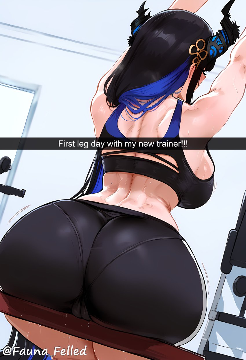 ai_generated ass_focus cameltoe fauna_felled from_below gym gym_clothes large_ass large_breasts nerissa_ravencroft snapchat stretching sweating text thick_thighs