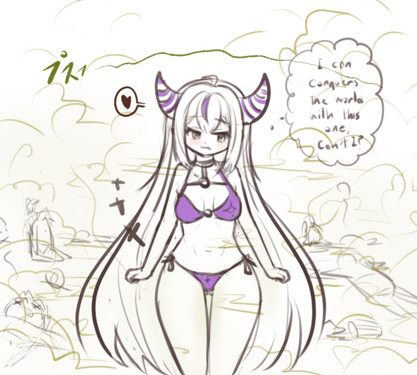 1girls bikini breasts dialogue embarrassed english_text fart gas_cloud gastanker heart heart_symbol hololive horns hyper_fart hyper_farting japanese_text knocked_out la+_darknesss pout purple_bikini purple_hair sketch small_breasts sound_effects text thinking unconscious virtual_youtuber white_hair wide_hips