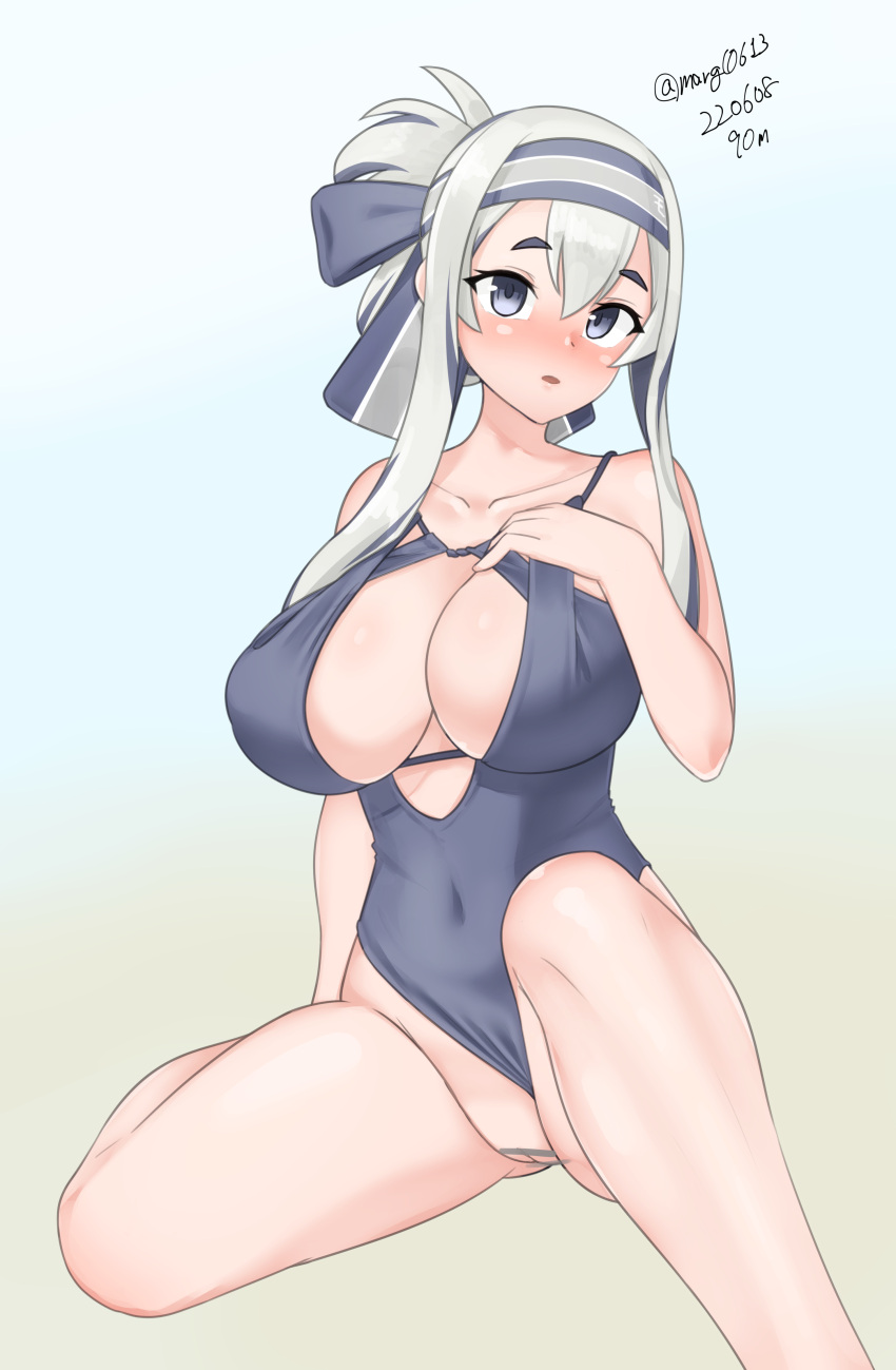 absurdres aqua_background bar_censor big_breasts blue_eyes blue_hair blue_one-piece_swimsuit breasts casual_one-piece_swimsuit censored center_opening cover female folded_ponytail gradient_background hair_between_eyes headband highres kamoi_(kancolle) kamoi_(kantai_collection) kantai_collection large_breasts maru_(marg0613) one-piece_swimsuit pussy sitting solo swimsuit thick_eyebrows two-tone_background white_hair yellow_background