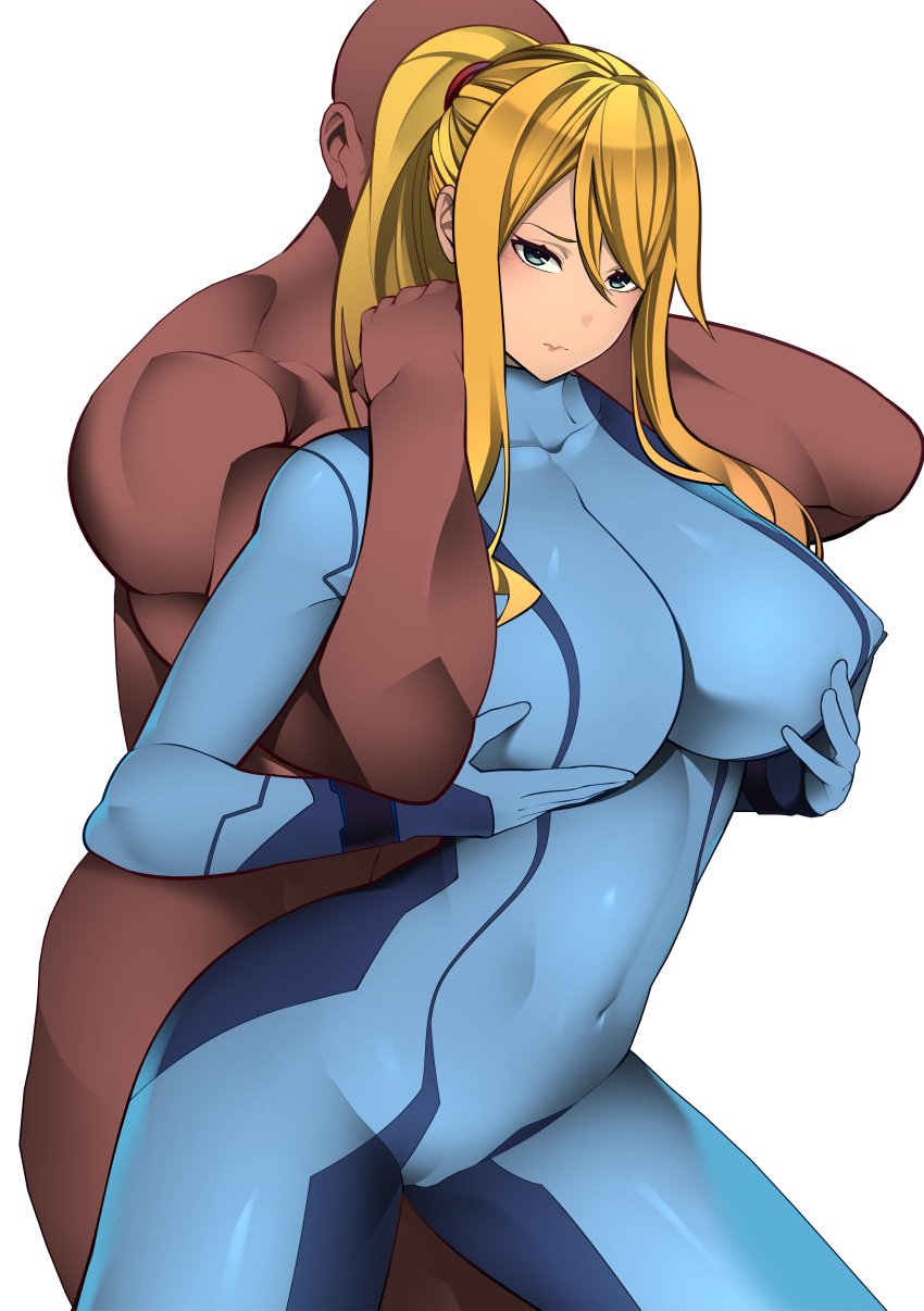 1boy 1girls ambiguous_penetration big_breasts blacked bodysuit clothed_female_nude_male clothed_sex dark-skinned_male female_human femsub fit_female hourglass_figure huge_breasts human human_male large_breasts light-skinned_female long_hair maledom mature_female mature_male metroid nachocobana ponytail questionable_consent restrained samus_aran sex sex_from_behind slim_waist standing_sex thick_thighs variant variant_set wide_hips zero_suit zero_suit_samus