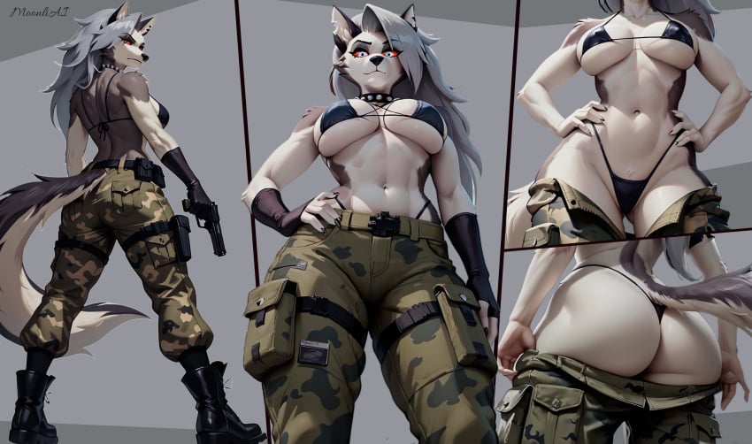 ai_generated anthro boots helluva_boss loona_(helluva_boss) military_uniform moonliai pistol thong wolf