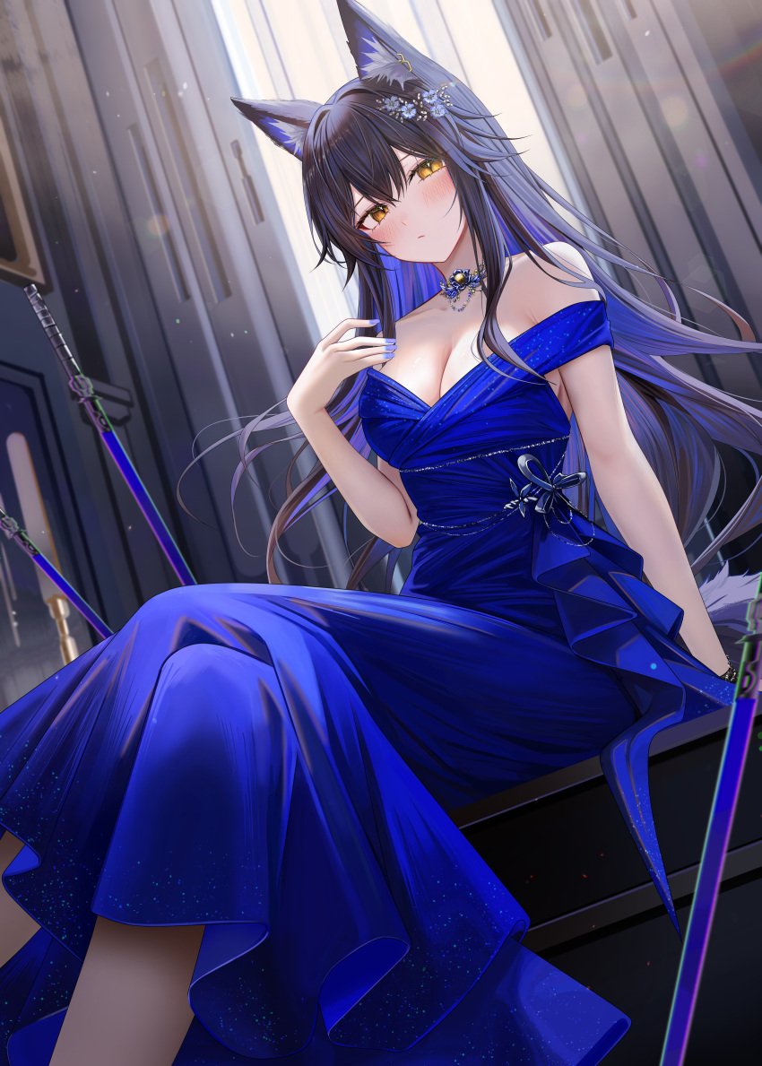 1girls animal_ears arknights bare_shoulders big_breasts black_hair blue_dress blue_nails blush breasts cleavage collar collarbone crossed_legs dress dutch_angle female female_only hair_accessory head_tilt highres indoors kemonomimi legs_crossed light-skinned_female light_skin long_dress long_hair looking_at_viewer nail_polish ru_zhai sidelocks sitting solo swords tail texas_(arknights) yellow_eyes