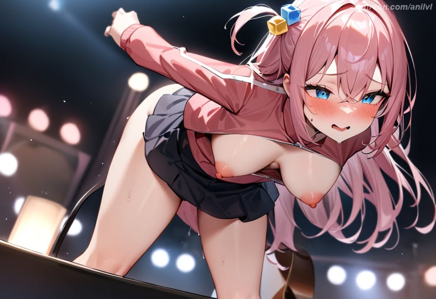 1girls ai_generated anilvl arms_behind_back bangs bent_over big_breasts black_skirt blue_eyes blurry blurry_background blush bocchi_the_rock! breasts breasts_out crossed_bangs cube_hair_ornament drum electric_guitar gibson_les_paul gotou_hitori grey_skirt guitar hair_between_eyes hair_intakes hair_ornament hanging_breasts instrument jacket large_breasts leaning_forward legs long_hair long_sleeves medium_breasts miniskirt nipples no_bra one_side_up open_clothes open_jacket open_mouth partially_unzipped pink_hair pink_jacket pleated_skirt pussy_juice skirt solo stage stage_lights standing sweat tearing_up thighs track_jacket