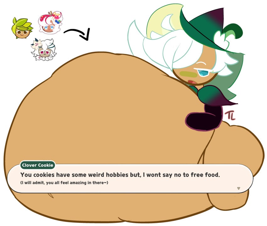 clover_cookie cookie_run cookie_run_kingdom herb_cookie mass_vore parfait_cookie same_size_vore soft_vore vore vore_belly white_lily_cookie willing_prey