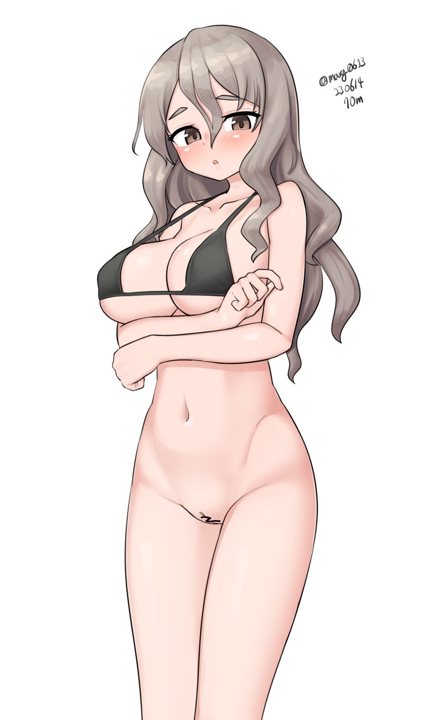 absurdres bar_censor bikini bikini_top_only black_bikini bottomless breasts brown_eyes censored cleavage crossed_arms dated feet_out_of_frame female grey_hair highres kantai_collection large_breasts long_hair looking_at_viewer maru_(marg0613) one-hour_drawing_challenge pola_(kancolle) pussy simple_background solo swimsuit twitter_username wavy_hair white_background