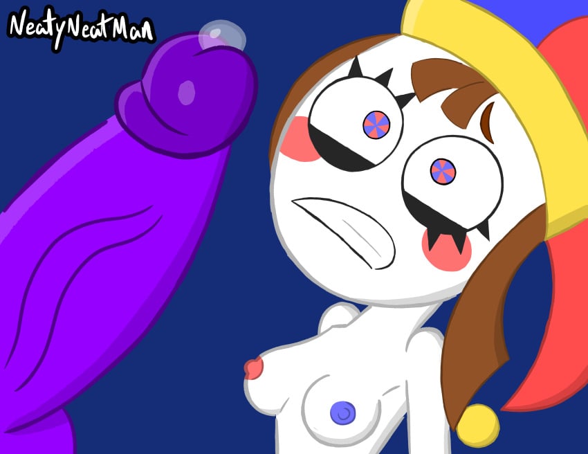 breasts brown_hair clown clown_girl jax jax_(the_amazing_digital_circus) multicolored_eyes multicolored_nipples neatyneatman nude nude_female penis pomni pomni_(the_amazing_digital_circus) purple_skin the_amazing_digital_circus white_skin