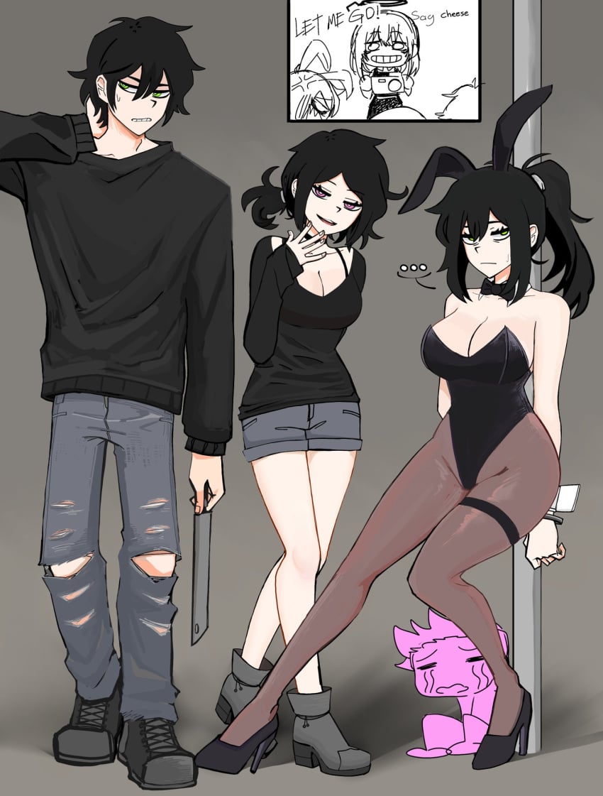 ... 2boys 3girls andrew_graves animal_ears ashley_graham black_collar black_hair black_sweater breasts bunny_costume bunny_ears bunny_girl bunnysuit cleavage cleaver clothed clothing crying daughter daughter_(lore) english_text family father father_(lore) green_eyes grey_background guguguguh hi_res high_heels holding holding_cleaver holding_object mother mother_(lore) mother_(the_coffin_of_andy_and_leyley) mr._graves multiple_boys multiple_girls pants pantyhose parent parent_(lore) parents pink_eyes ponytail rabbit_ears renee_graves shorts smug son son_(lore) sweater taking_picture text the_coffin_of_andy_and_leyley torn_clothes torn_clothing torn_legwear torn_pants