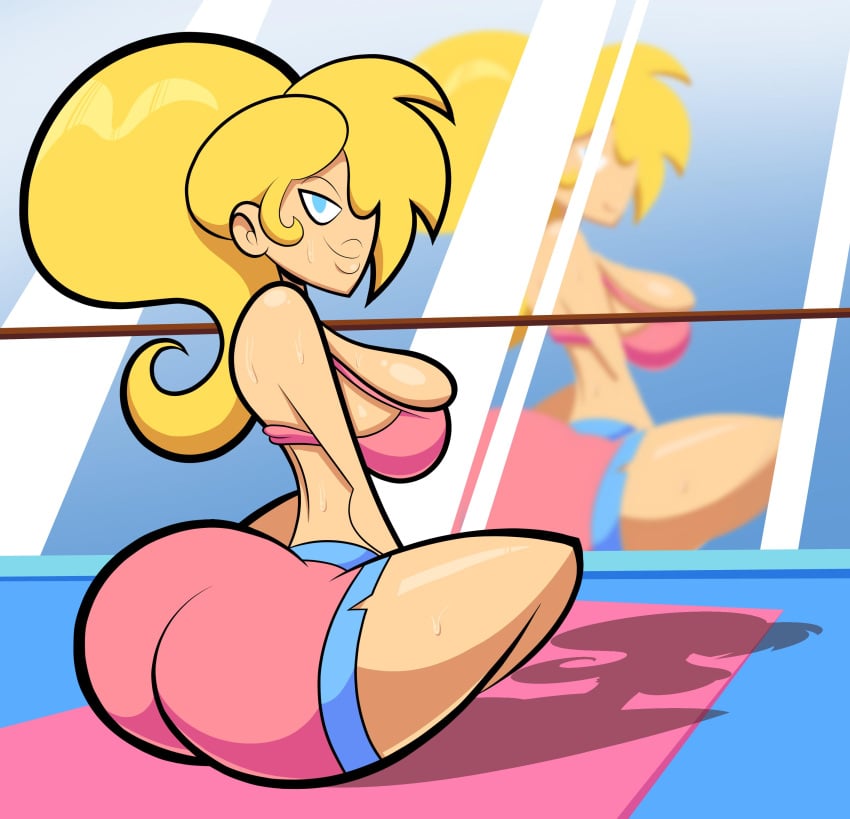 1girls 2019 big_ass big_breasts blonde_hair blue_eyes cute female looking_at_viewer marina_williams mirror oboithisisfunky original_character pink_shorts pink_tank_top ponytail shorts solo sweat sweatdrop tagme tank_top tied_hair