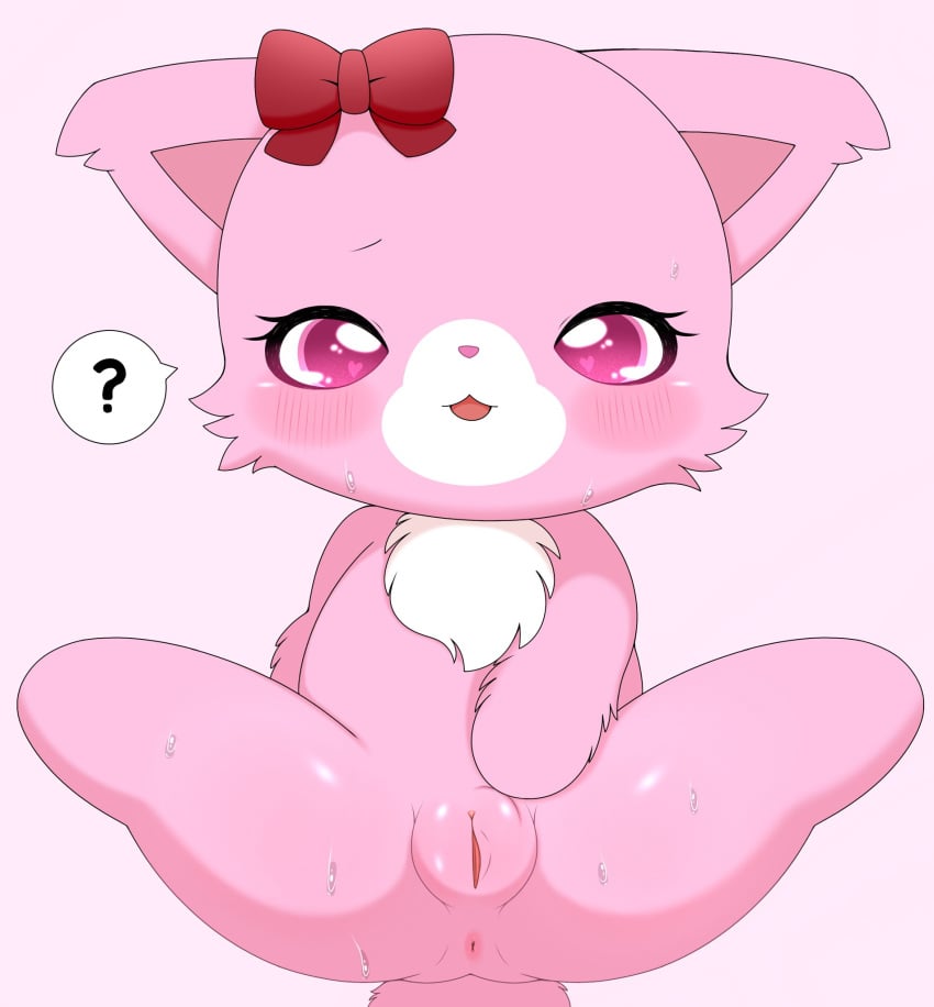 accessory anthro anus azuo blush bow_ribbon domestic_cat eyelashes felid feline felis female female_anthro fur garnet_(jewelpet) genitals hair_accessory hair_ribbon hairbow hi_res jewelpet mammal neck_tuft persian_cat pink_background pink_body pink_eyes pink_fur plump_labia presenting presenting_pussy pussy question_mark red_bow ribbons sanrio sega_fave semi-anthro simple_background solo spread_legs spreading tuft white_body white_fur