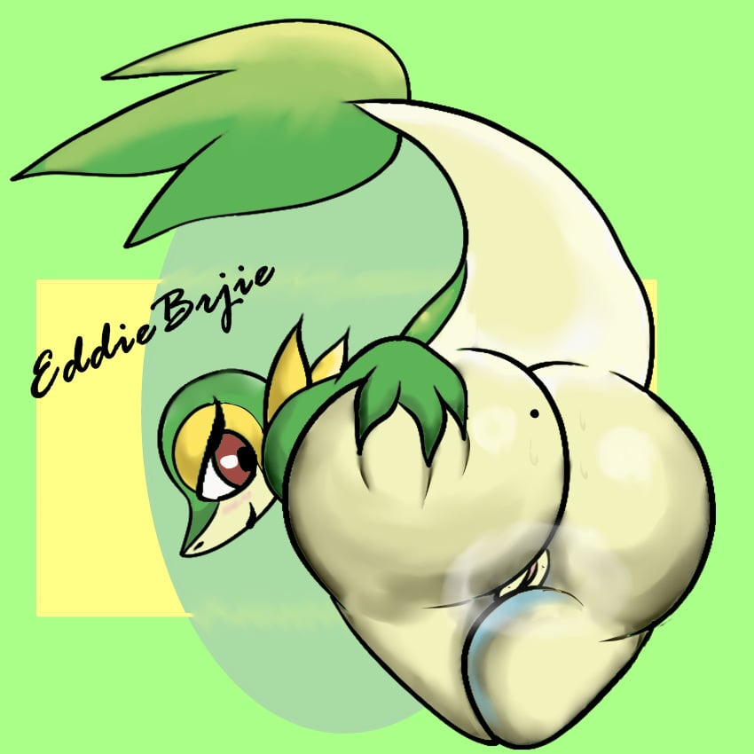 1:1 absurd_res ass big_butt eddiebrije female feral generation_5_pokemon genitals hi_res looking_at_viewer nintendo not_furry nude pokemon pokemon_(species) pussy simple_background smile snivy solo tail wide_hips