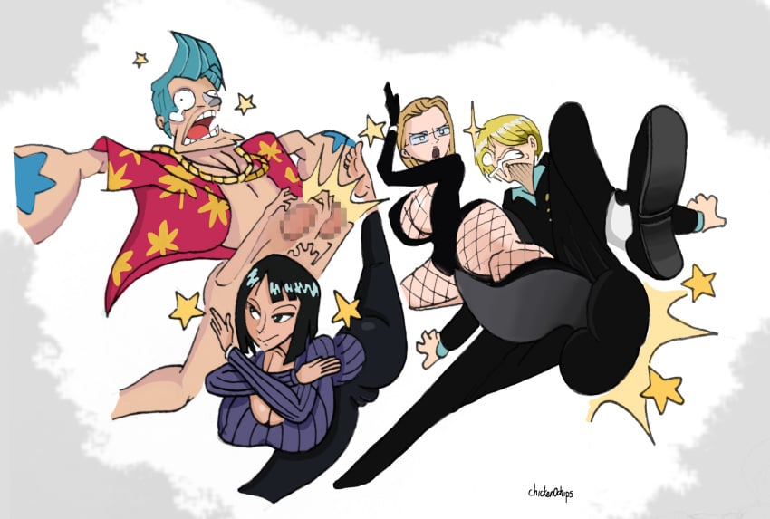 ballbusting chicken0chips female franky franky_(one_piece) grabbing_balls hana_hana_no_mi high_heels kalifa kicking_balls male nico_robin one_piece vinsmoke_sanji