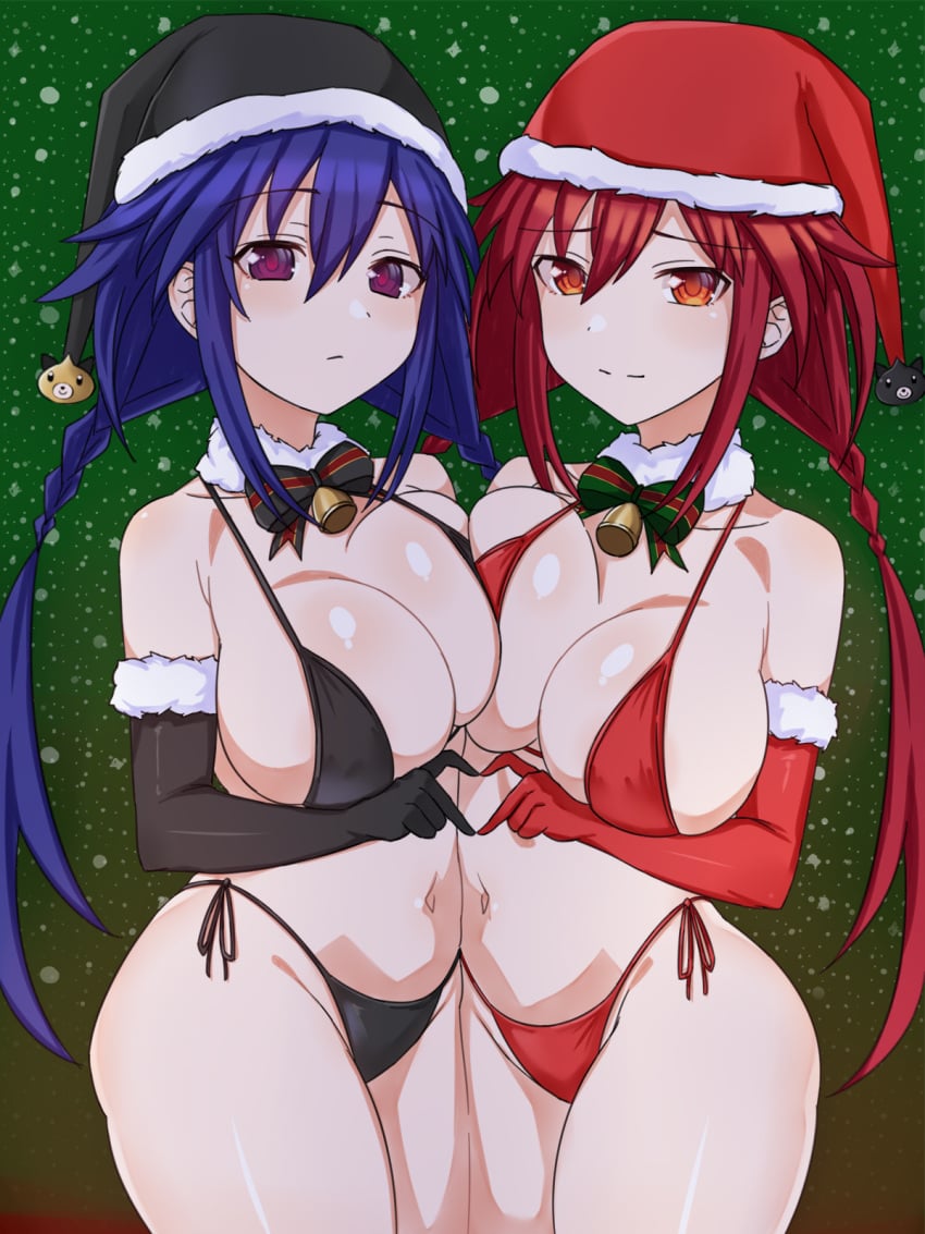 2girls bare_shoulders bell_collar big_breasts bikini black_bikini blue_hair breasts busty christmas cleavage detached_collar elbow_gloves female female_only gloves heart_gesture kurome_ankokuboshi large_breasts lingerie looking_at_viewer navel neptunia_(series) purple_eyes red_bikini red_eyes red_hair santa_hat side-tie_bikini side-tie_panties thick_thighs tied_hair twin_braids twintails uzume_tennouboshi zatsu