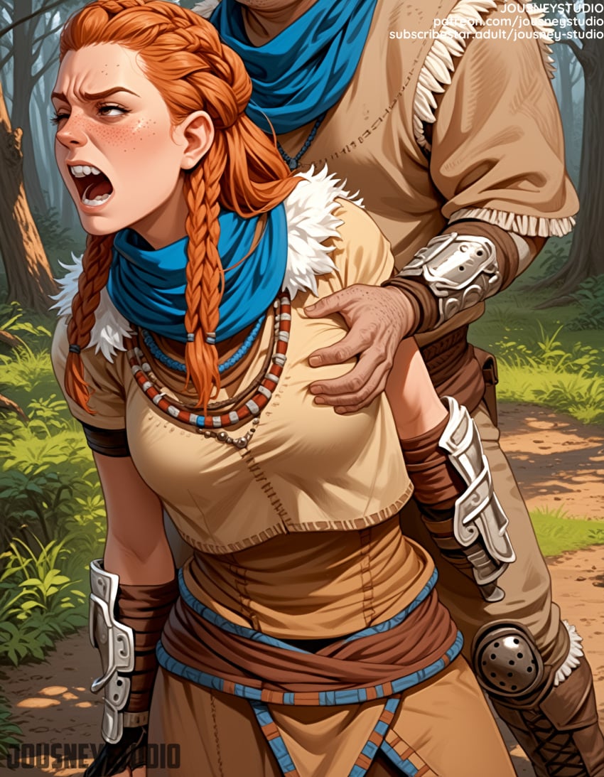 1boy ai_generated aloy aloy_(horizon) arm_guards armor big_breasts blush braid breast_grab breasts clothing dark_skin day elbow_pads english_text female fingerless_gloves forehead forest freckles fur_collar gloves grabbing grass hair_over_shoulder horizon horizon_zero_dawn implied_sex jewelry jousneystudio knife large_breasts leather leather_gloves lips long_hair male medium_breasts nature necklace nose open_mouth orange_hair outdoors scarf solo_focus straight teeth tied_hair tree twin_braids weapon