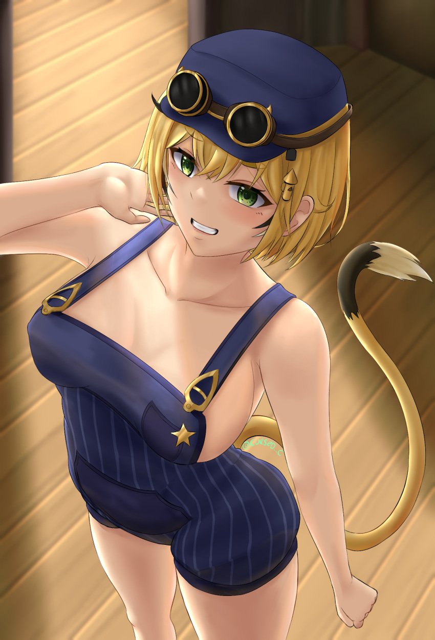 artist_name blonde_hair cleavage clenched_fist conductor_hat conductor_uniform cursed_c dooby3d goggles green_eyes hand_behind_neck indie_virtual_youtuber jerboa jerboa_humanoid no_bra sideboob smiling tail train train_interior viewed_from_above virtual_youtuber watermark