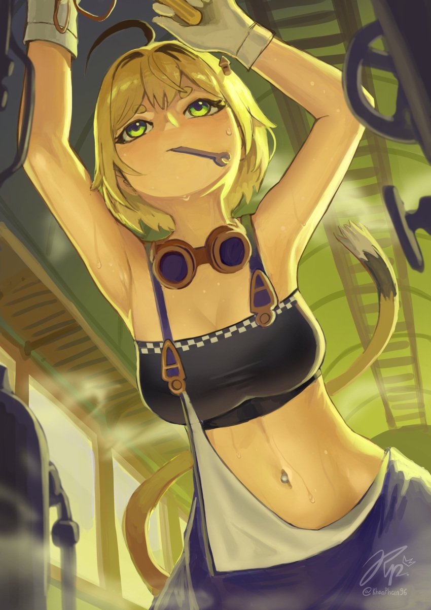 artist_name belly belly_button belly_piercing blonde_hair checkered_bra conductor_uniform dooby3d gloves goggles goggles_around_neck green_eyes indie_virtual_youtuber jerboa jerboa_humanoid khoaphan96 object_in_mouth steam sweat sweaty_body tail train train_interior virtual_youtuber watermark wrench