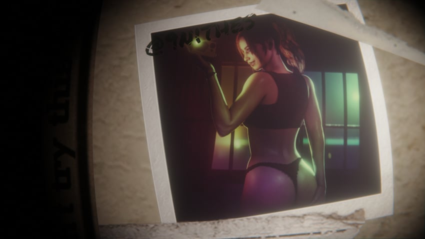 1girls 3d 3d_(artwork) ass blender brown_hair brown_hair camera camera_view claire_redfield claire_redfield_(jordan_mcewen) flashlight girl highres light-skinned_female light_skin looking_back nithes panties picture_(object) picture_frame picture_on_wall polaroid resident_evil resident_evil_2_remake selfie taking_picture thong