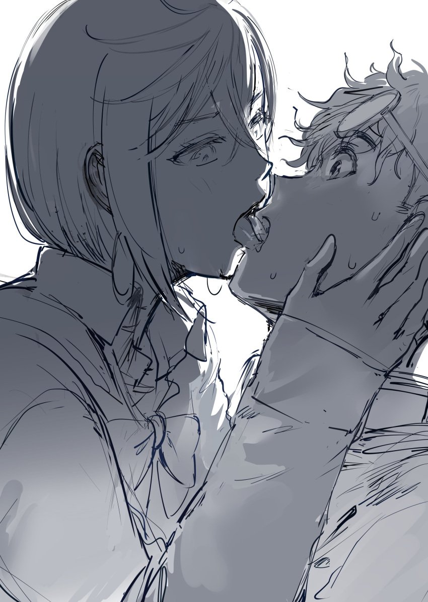 ayase_momo clothed dandadan glasses glasses_on_head gyaru hews kissing school_uniform shoulder_length_hair sketch takakura_ken_(okarun) tongue_kiss