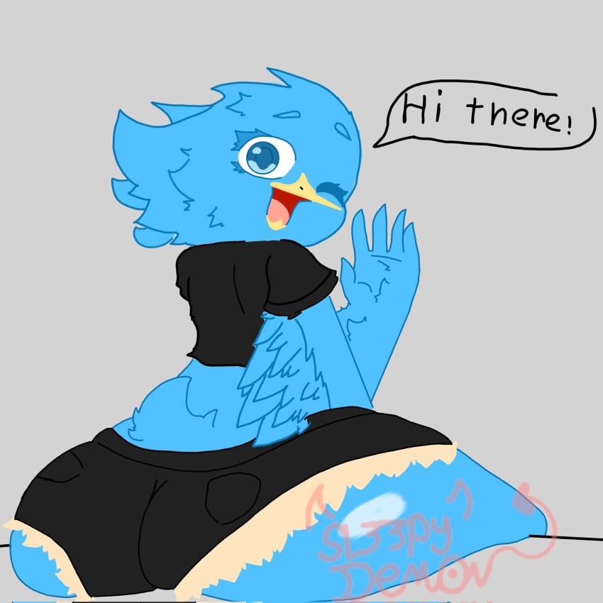 2d 2d_(artwork) anthro back_view bird clothed fata feathers female female_focus female_only furry furry_female furry_only huge_ass lolooking_back looking_at_viewer sl33py_demon solo_female thick_ass thick_butt twitter twitter_bird wide_ass wide_hips wings wink winking_at_viewer