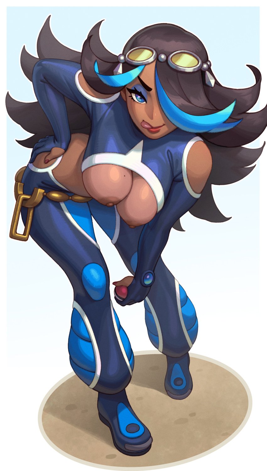 1girls :q areolae bent_over black_hair blue_eyes blue_highlights breasts breasts_out dark-skinned_female dark_skin eyeshadow female female_only full_body goggles_on_head hand_on_hip hi_res long_hair looking_at_viewer nail_polish nintendo nipples pokemon pokemon_oras red_lipstick red_nails rizdraws shelly_(pokemon) shelly_(pokemon_oras) smiling smiling_at_viewer solo team_aqua