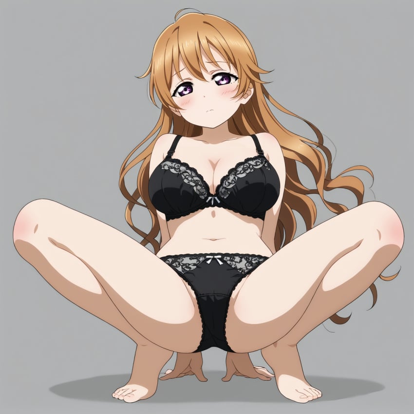 1girls ahoge ai_generated black_bra black_panties blush bra breasts brown_hair cleavage female female_only full_body grey_background konoe_kanata large_breasts love_live! love_live!_nijigasaki_high_school_idol_club panties purple_eyes simple_background solo solo_female spread_legs squatting tokiwa-27 underwear