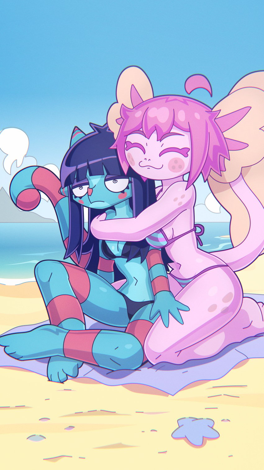 axolotl beach blue_body chameleon kami_(vitzypie) pink_body swimwear vitzy_(vitzypie) vitzypie