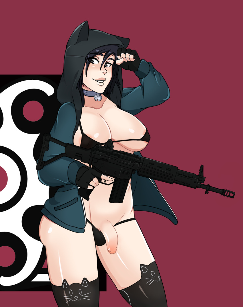 1futa balls balls_in_panties big_breasts bra breasts campi cleavage futa_only futanari gun hibana_(rainbow_six) large_breasts looking_at_viewer panties penis rainbow_six rainbow_six_siege solo testicles thighhighs tom_clancy