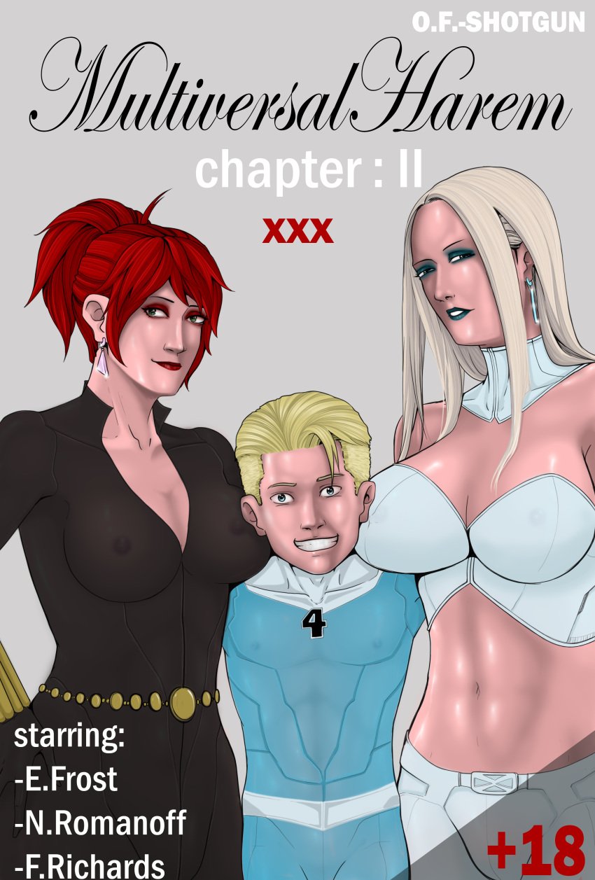 2girls 2girls1boy big_breasts black_widow_(marvel) blonde_female blonde_hair blue_eyes boy breasts cover doujinshi emma_frost female green_eyes large_breasts natasha_romanoff o.f-shotgun older_female original original_character red_hair white_queen