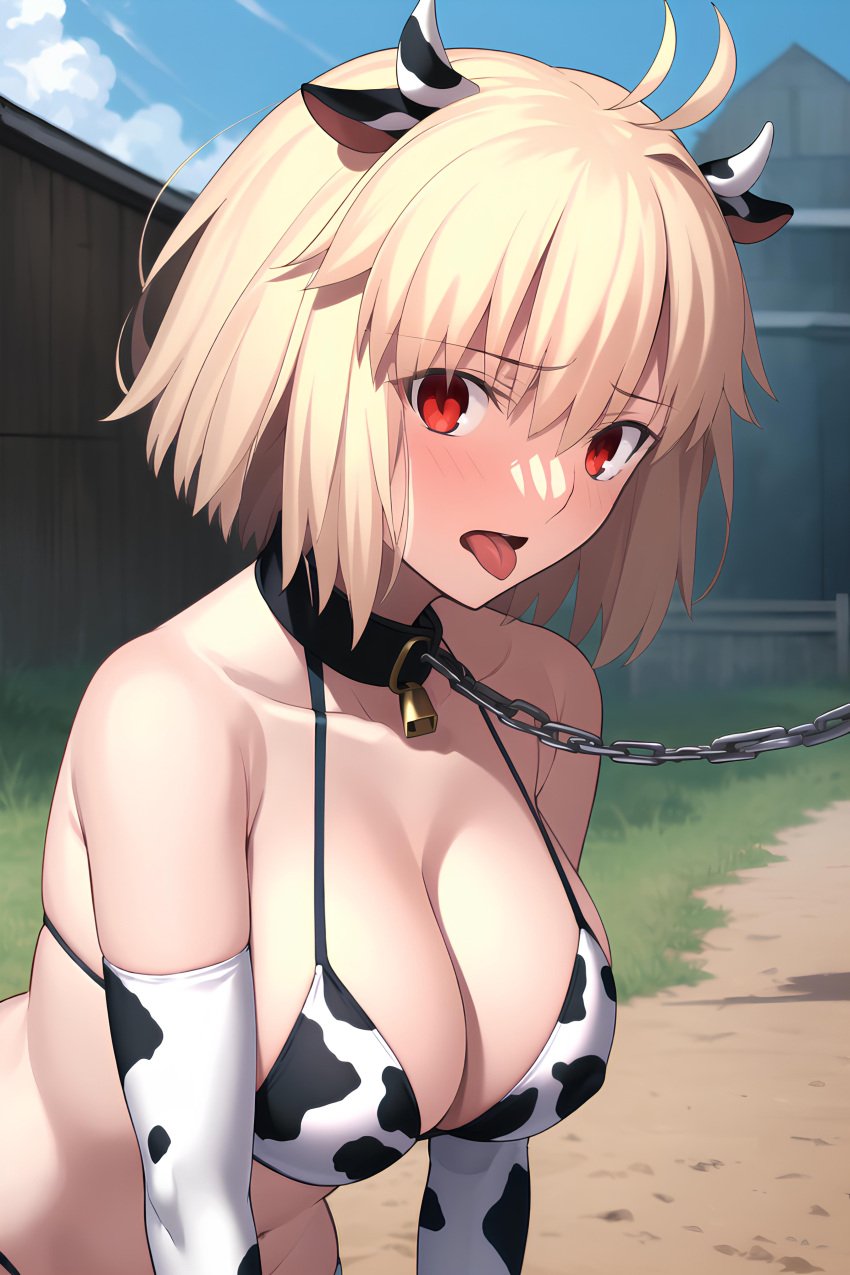 1boy 1girls ai_generated annoyed arcueid_brunestud armpits arms_behind_head big_breasts blonde_hair breasts busty collar cow_costume cow_print cow_print_bikini day facing_viewer fate/grand_order fate_(series) female full_body horns large_breasts looking_at_viewer male_pov nai_diffusion navel nude outdoors pov red_eyes sexy_armpits short_hair slutty_outfit solo squatting stable_diffusion tsukihime