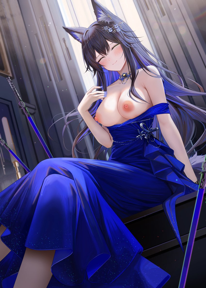 1girls :) animal_ears areolae arknights bare_shoulders big_breasts black_hair blue_dress blue_nails blush breasts breasts_out cleavage closed_eyes collar collarbone crossed_legs dress dutch_angle exposed_breasts female female_only hair_accessory happy highres indoors kemonomimi legs_crossed light-skinned_female light_skin long_dress long_hair looking_at_viewer nail_polish nipples no_bra ru_zhai sidelocks sitting smile smiling smiling_at_viewer solo swords tail texas_(arknights) topless yellow_eyes